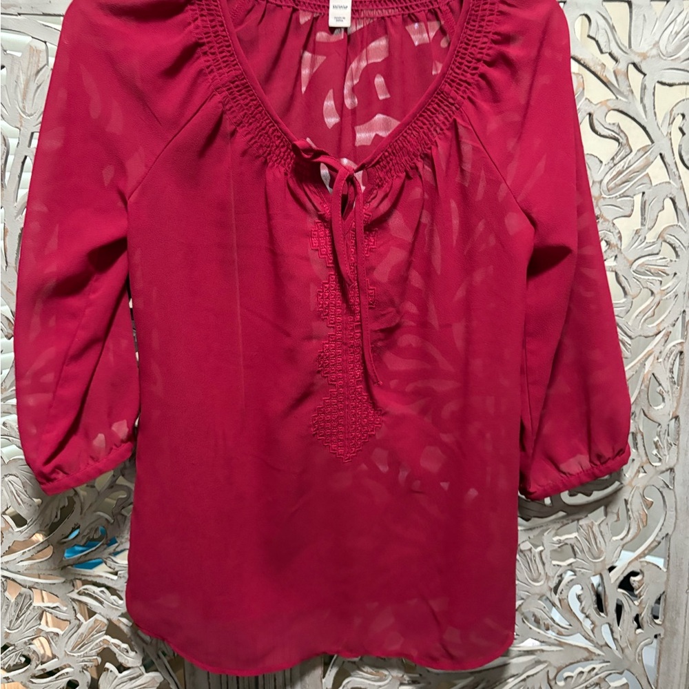 Old Navy Red Cuffed Sleeve Tie Front Blouse